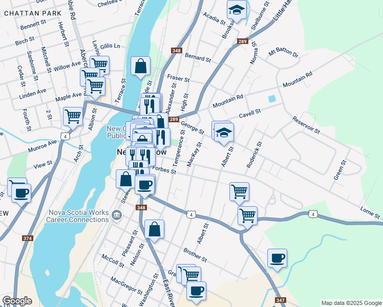 map of restaurants, bars, coffee shops, grocery stores, and more near 119 Mackay Street in New Glasgow