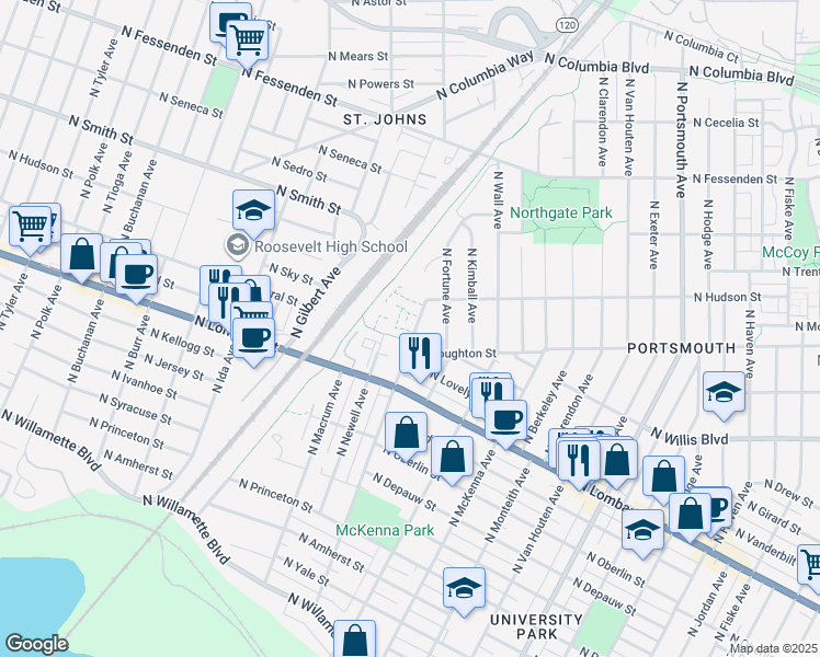 map of restaurants, bars, coffee shops, grocery stores, and more near 8906 North Westanna Avenue in Portland