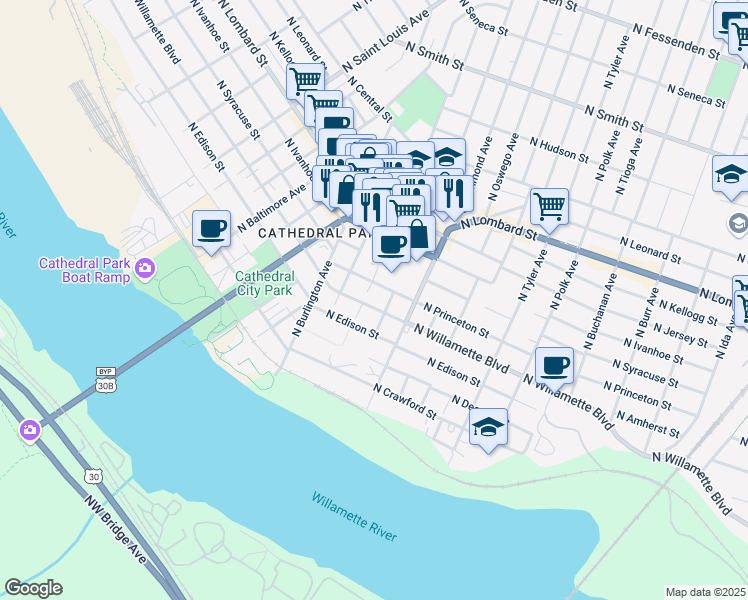 map of restaurants, bars, coffee shops, grocery stores, and more near 8314 North Willamette Boulevard in Portland