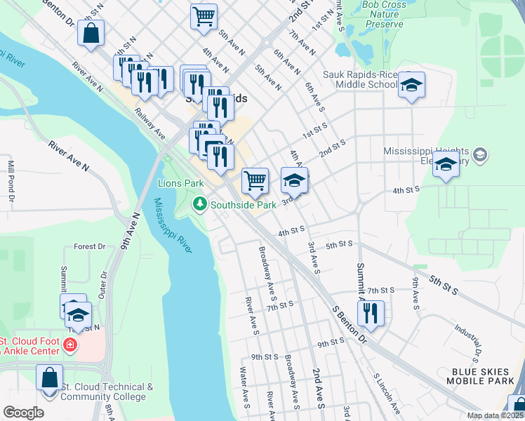 map of restaurants, bars, coffee shops, grocery stores, and more near 110 1st Street South in Sauk Rapids