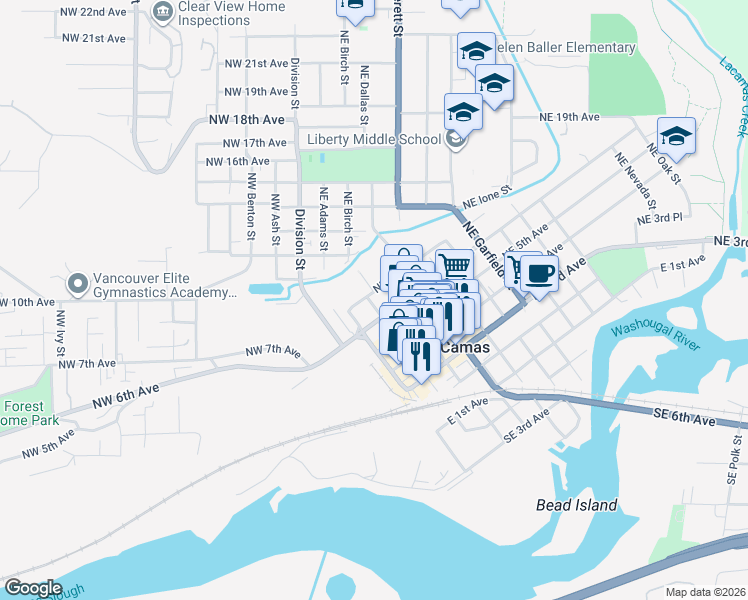 map of restaurants, bars, coffee shops, grocery stores, and more near 632 Northeast Birch Street in Camas