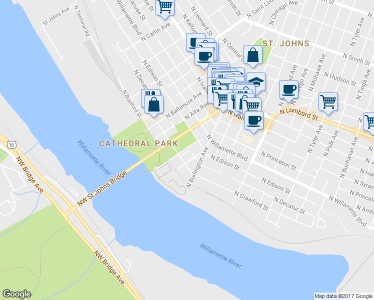 map of restaurants, bars, coffee shops, grocery stores, and more near 6748 North Pittsburg Avenue in Portland