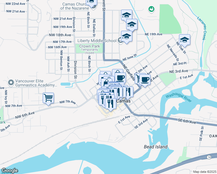 map of restaurants, bars, coffee shops, grocery stores, and more near 426 Northeast Cedar Street in Camas