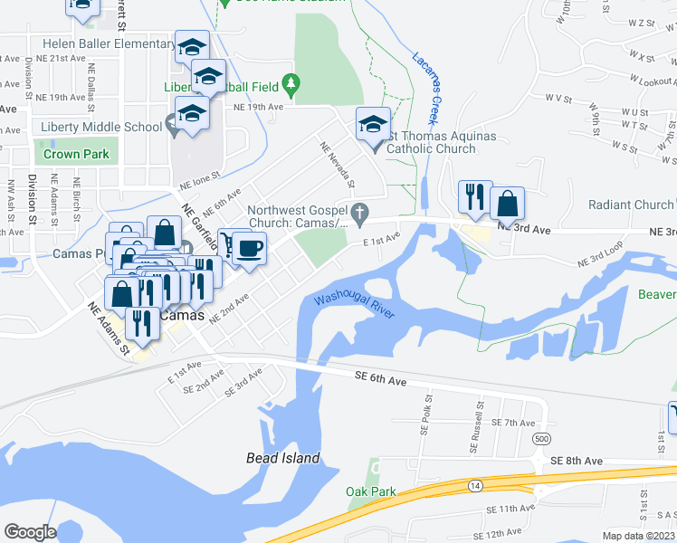 map of restaurants, bars, coffee shops, grocery stores, and more near 125 Southeast King Street in Camas