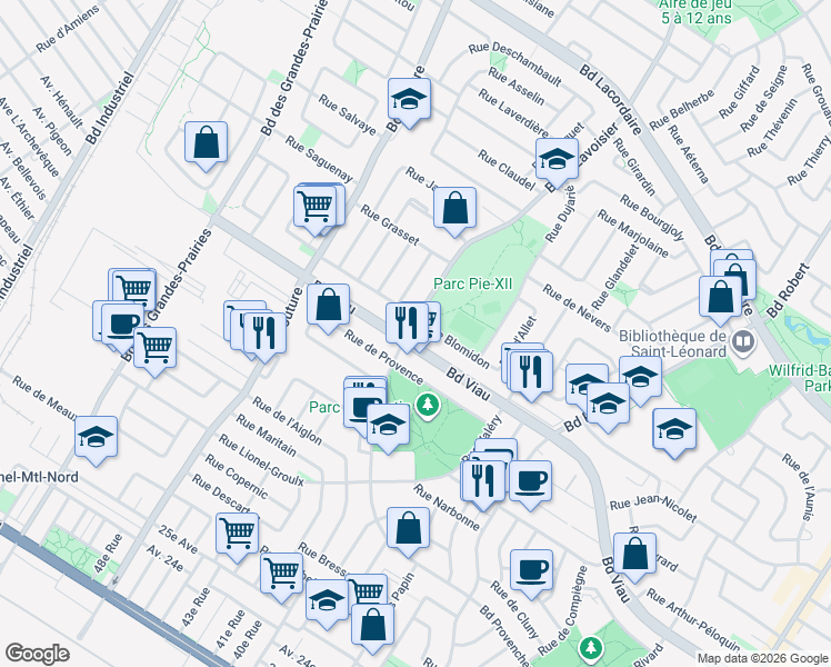 map of restaurants, bars, coffee shops, grocery stores, and more near 8945 Boulevard Viau in Montréal