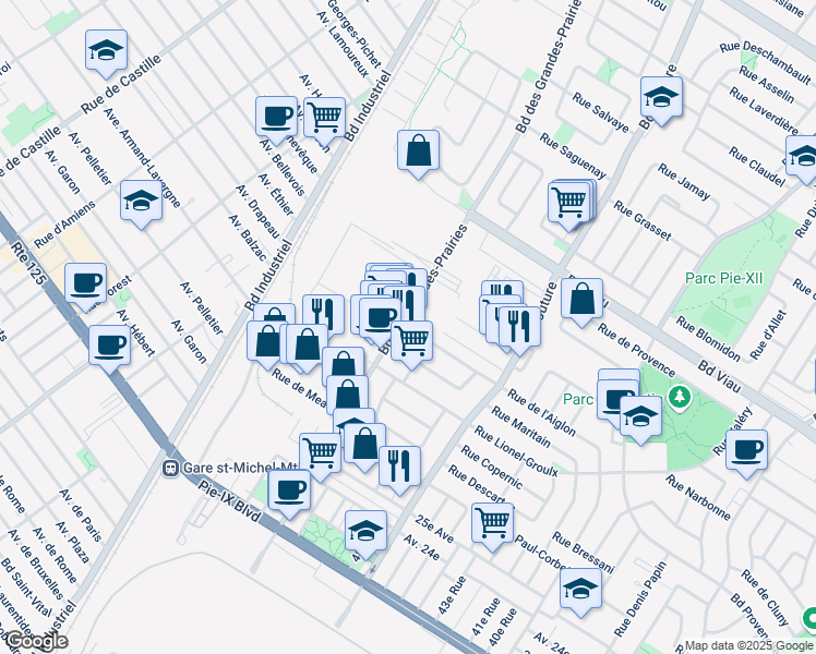 map of restaurants, bars, coffee shops, grocery stores, and more near 4650 Boulevard des Grandes-Prairies in Montréal