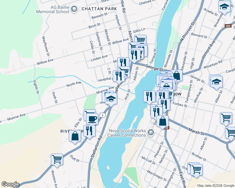 map of restaurants, bars, coffee shops, grocery stores, and more near 176 Stellarton Road in New Glasgow