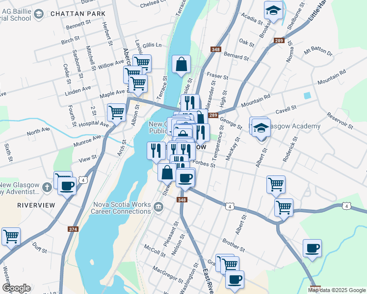 map of restaurants, bars, coffee shops, grocery stores, and more near in New Glasgow