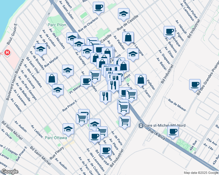 map of restaurants, bars, coffee shops, grocery stores, and more near 4091 Rue Forest in Montréal