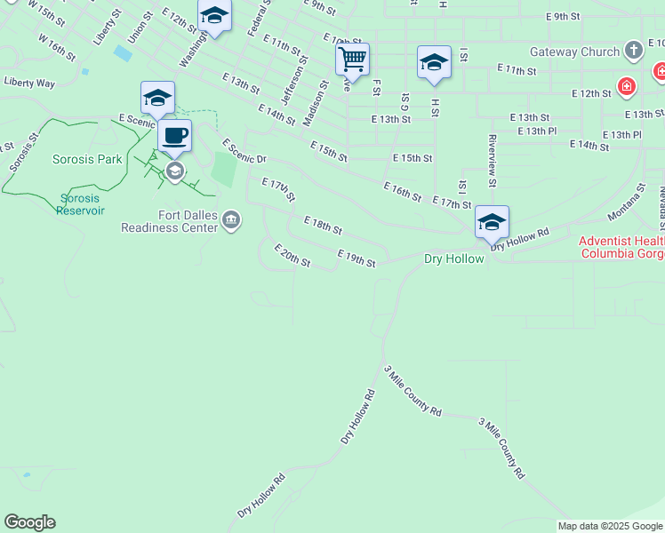 map of restaurants, bars, coffee shops, grocery stores, and more near 809 East 20th Street in The Dalles