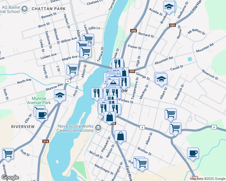 map of restaurants, bars, coffee shops, grocery stores, and more near in New Glasgow