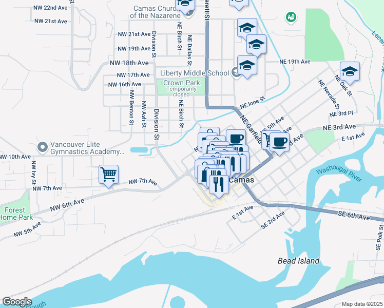 map of restaurants, bars, coffee shops, grocery stores, and more near 201 Northeast 6th Avenue in Camas