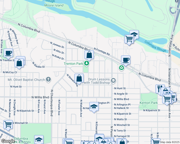 map of restaurants, bars, coffee shops, grocery stores, and more near 8815 North Endicott Avenue in Portland