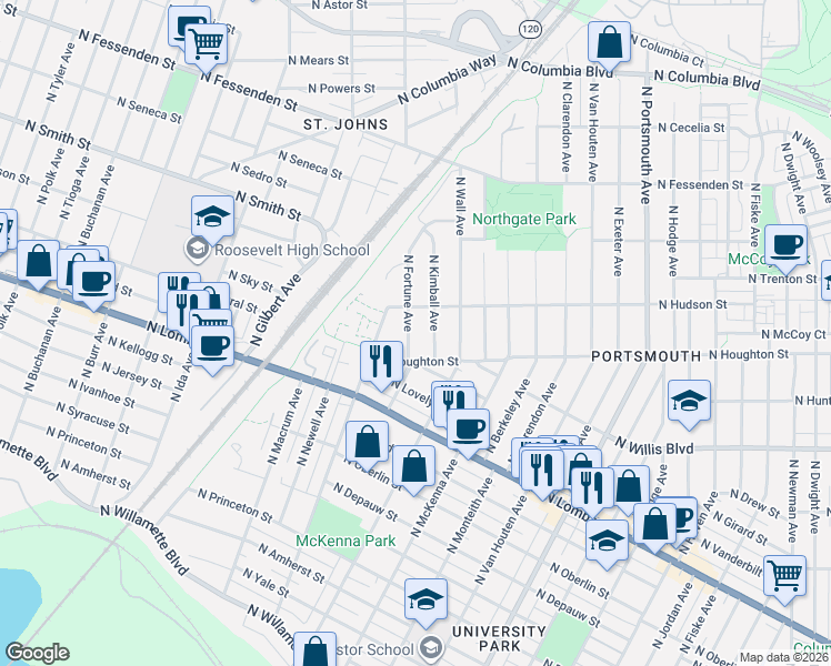 map of restaurants, bars, coffee shops, grocery stores, and more near 6263 North Houghton Street in Portland
