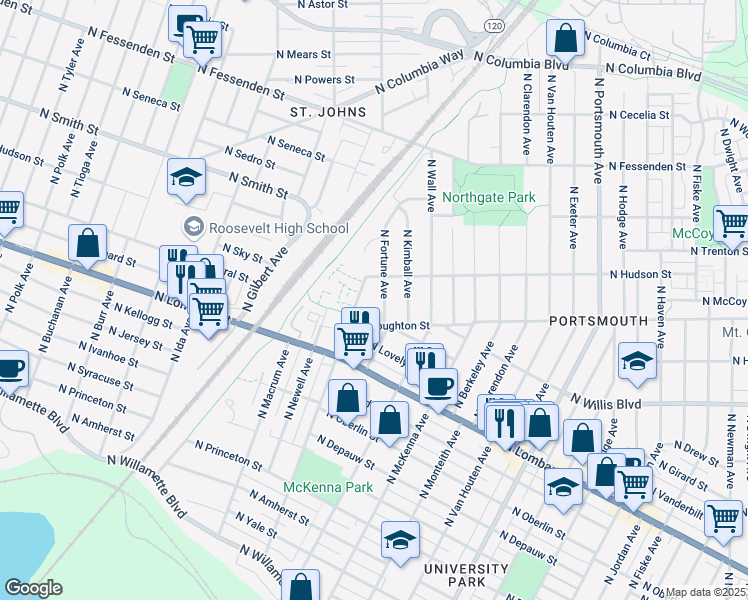map of restaurants, bars, coffee shops, grocery stores, and more near 6263 North Houghton Street in Portland