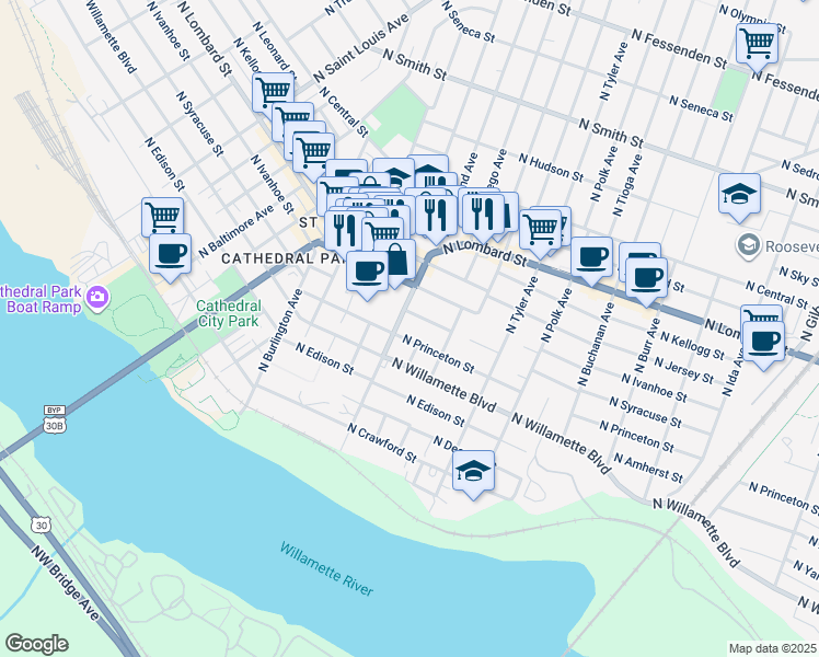 map of restaurants, bars, coffee shops, grocery stores, and more near 7031 North Mohawk Avenue in Portland