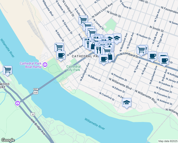 map of restaurants, bars, coffee shops, grocery stores, and more near C North Leavitt Avenue in Portland