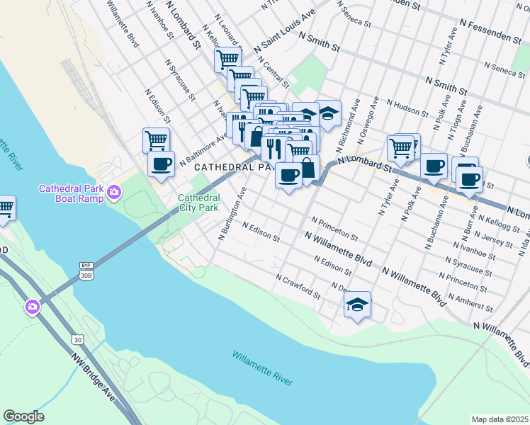map of restaurants, bars, coffee shops, grocery stores, and more near 8409 North Willamette Boulevard in Portland