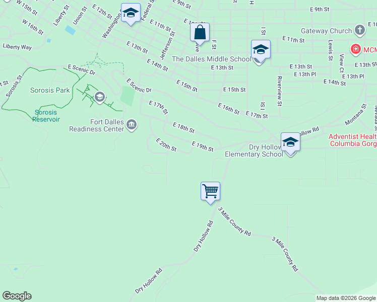 map of restaurants, bars, coffee shops, grocery stores, and more near 809 East 20th Street in The Dalles