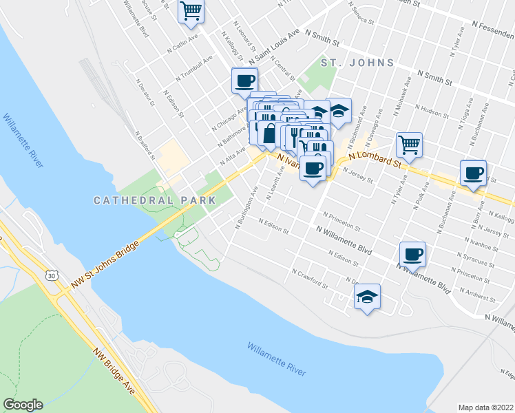 map of restaurants, bars, coffee shops, grocery stores, and more near C North Leavitt Avenue in Portland