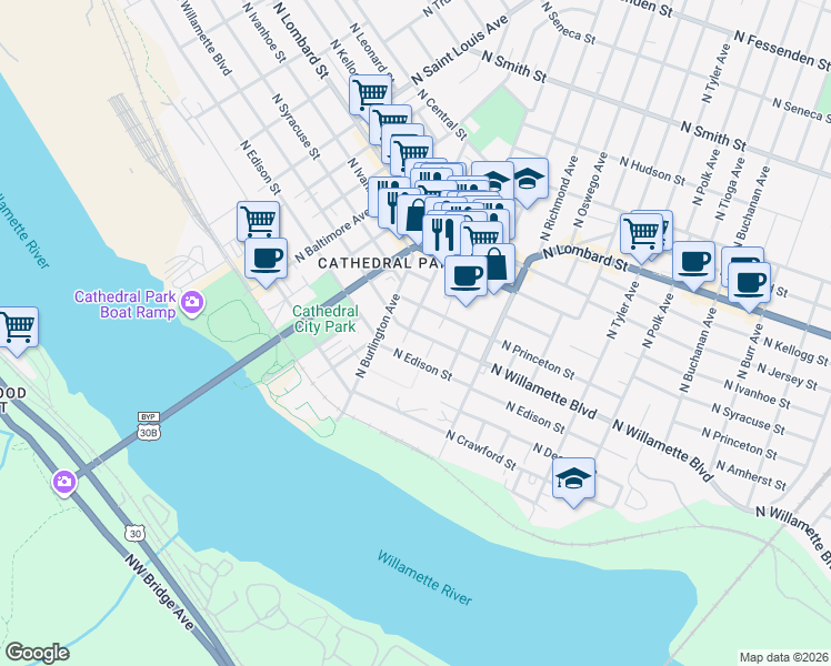 map of restaurants, bars, coffee shops, grocery stores, and more near C North Leavitt Avenue in Portland