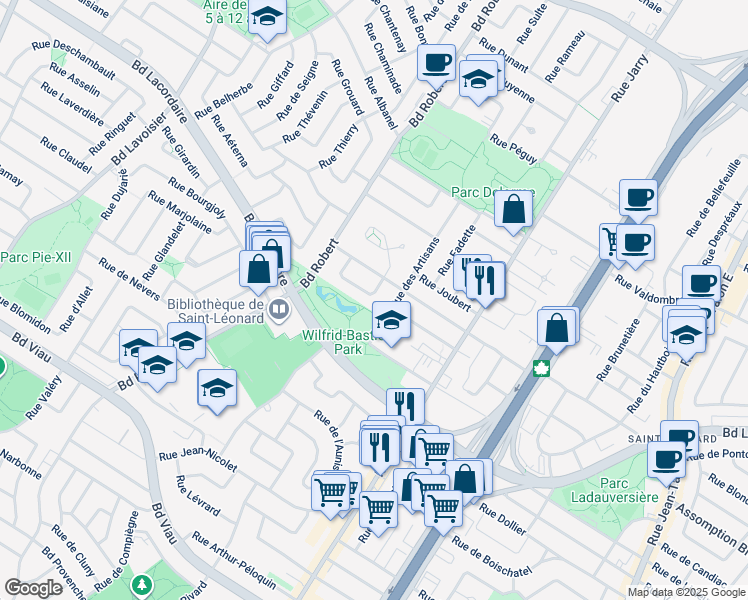 map of restaurants, bars, coffee shops, grocery stores, and more near 8290 Rue Alphonse Desjardins in Montréal