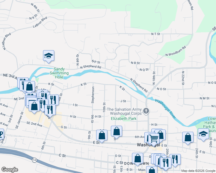 map of restaurants, bars, coffee shops, grocery stores, and more near 1022 K Street in Washougal