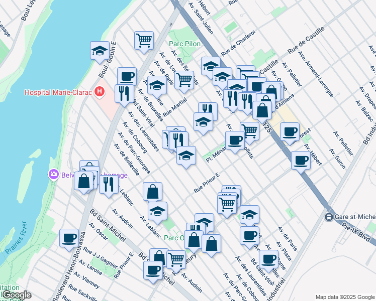 map of restaurants, bars, coffee shops, grocery stores, and more near 10771 Avenue de Bruxelles in Montréal