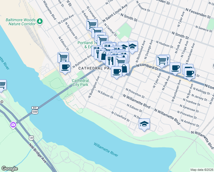 map of restaurants, bars, coffee shops, grocery stores, and more near 8411 North Willamette Boulevard in Portland