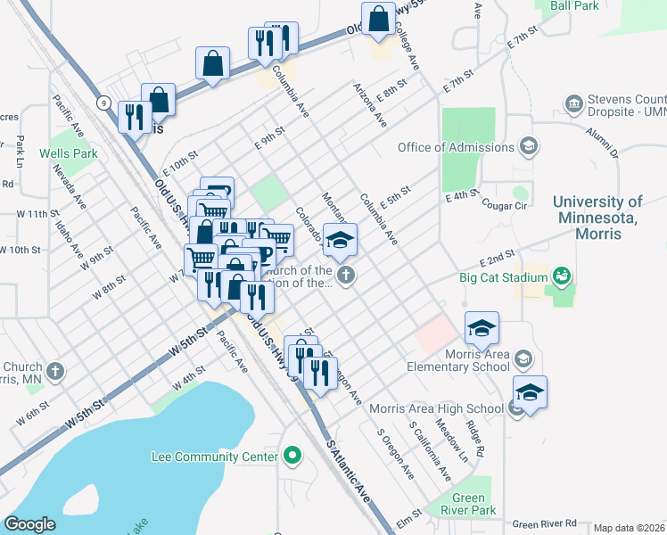 map of restaurants, bars, coffee shops, grocery stores, and more near 211 East 4th Street in Morris