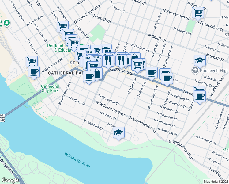 map of restaurants, bars, coffee shops, grocery stores, and more near 7208 North Mohawk Avenue in Portland