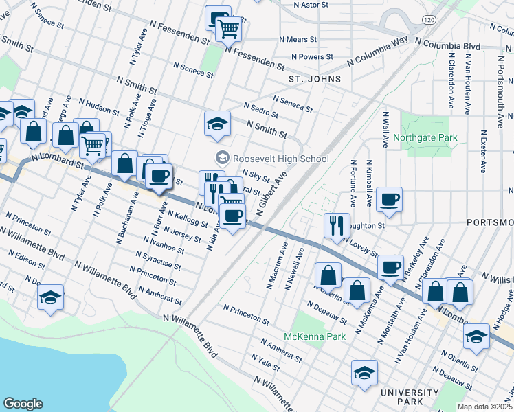 map of restaurants, bars, coffee shops, grocery stores, and more near 6827 North Central Street in Portland
