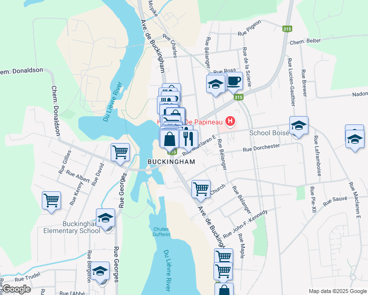 map of restaurants, bars, coffee shops, grocery stores, and more near 515 Rue Charles in Gatineau