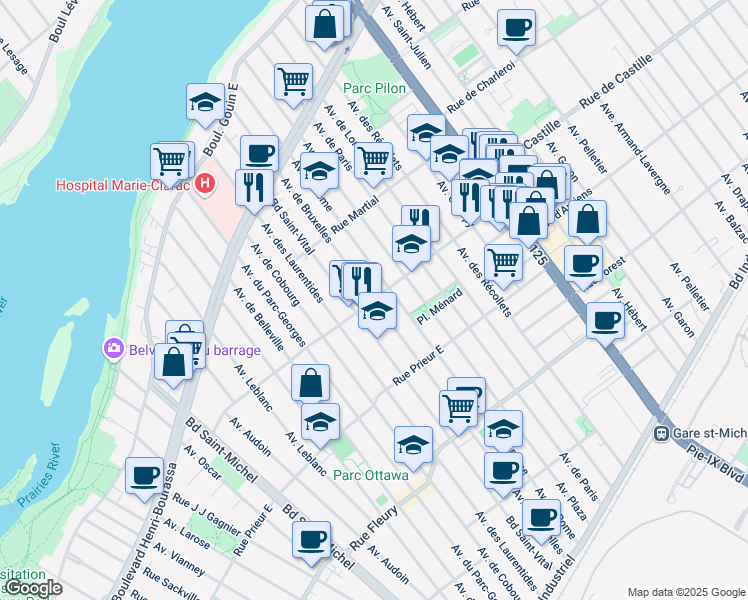 map of restaurants, bars, coffee shops, grocery stores, and more near Avenue de Bruxelles & Rue Monselet in Montreal