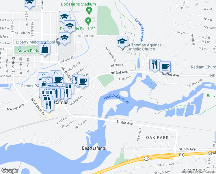 map of restaurants, bars, coffee shops, grocery stores, and more near 1126 East 1st Avenue in Camas