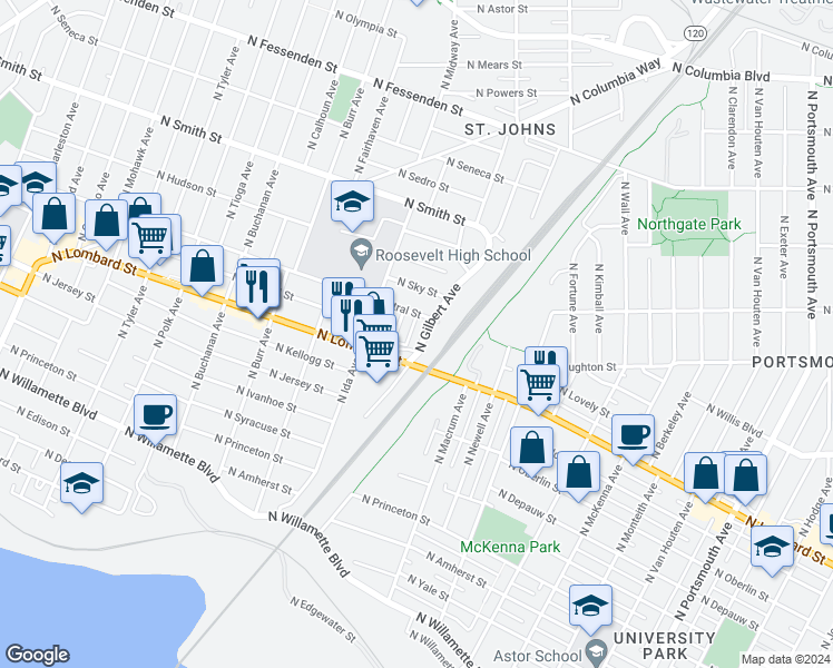 map of restaurants, bars, coffee shops, grocery stores, and more near 6827 North Central Street in Portland