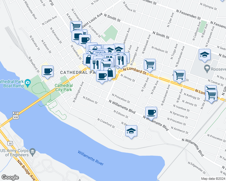 map of restaurants, bars, coffee shops, grocery stores, and more near in Portland