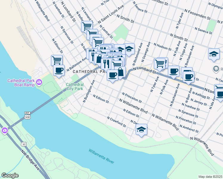 map of restaurants, bars, coffee shops, grocery stores, and more near 7117 North John Avenue in Portland