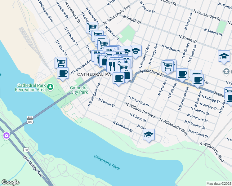 map of restaurants, bars, coffee shops, grocery stores, and more near 7117 North John Avenue in Portland