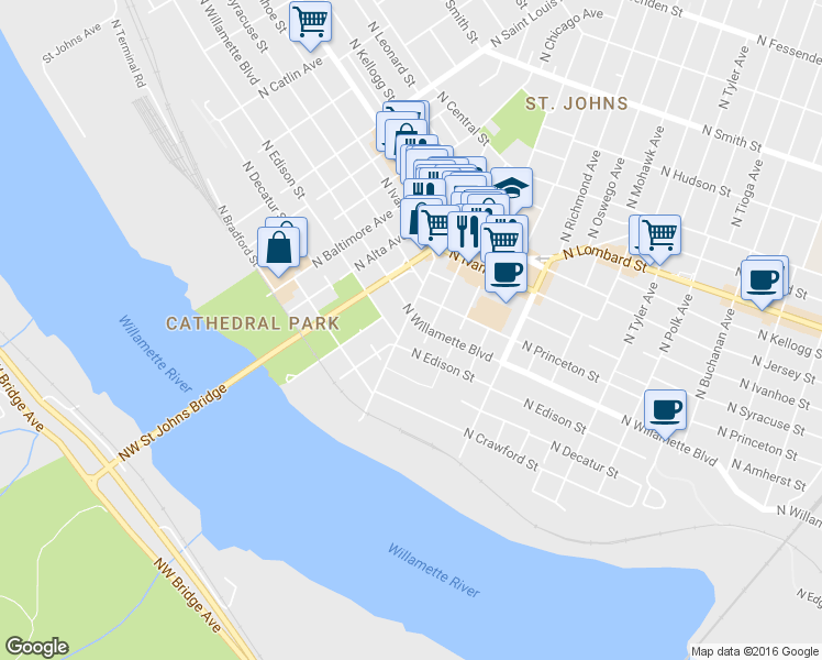 map of restaurants, bars, coffee shops, grocery stores, and more near 8660 North Willamette Boulevard in Portland