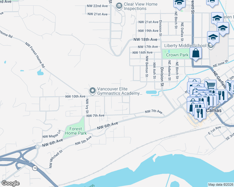 map of restaurants, bars, coffee shops, grocery stores, and more near 631 Northwest 10th Avenue in Camas