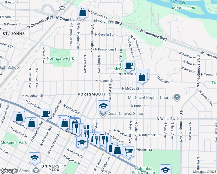 map of restaurants, bars, coffee shops, grocery stores, and more near 8947 North Haven Avenue in Portland