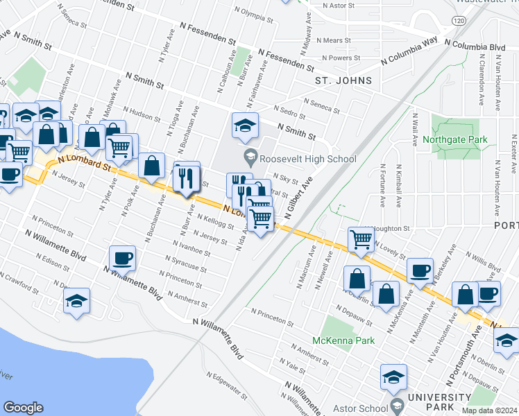 map of restaurants, bars, coffee shops, grocery stores, and more near 7530 North Ida Avenue in Portland