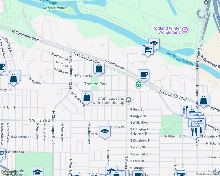 map of restaurants, bars, coffee shops, grocery stores, and more near 9014 North Bayard Avenue in Portland