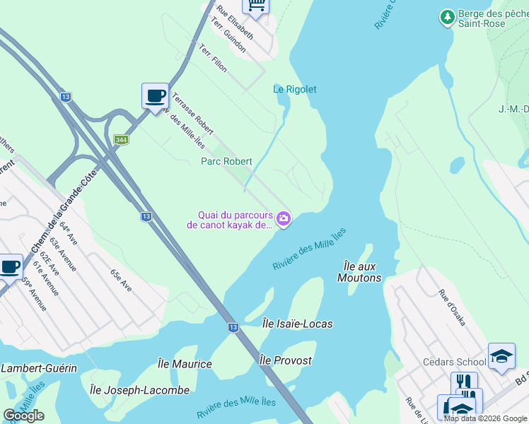 map of restaurants, bars, coffee shops, grocery stores, and more near 92 Avenue des Mille-Îles in Boisbriand