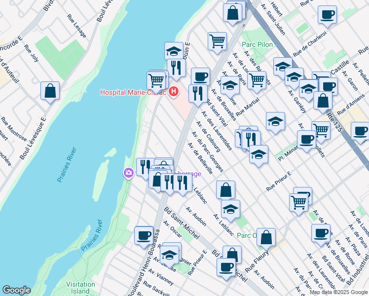 map of restaurants, bars, coffee shops, grocery stores, and more near 3420 Boulevard Henri-Bourassa Est in Montréal