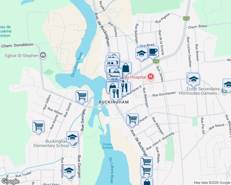 map of restaurants, bars, coffee shops, grocery stores, and more near 470 Avenue de Buckingham in Gatineau