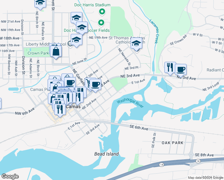 map of restaurants, bars, coffee shops, grocery stores, and more near 1026 Northeast 2nd Avenue in Camas
