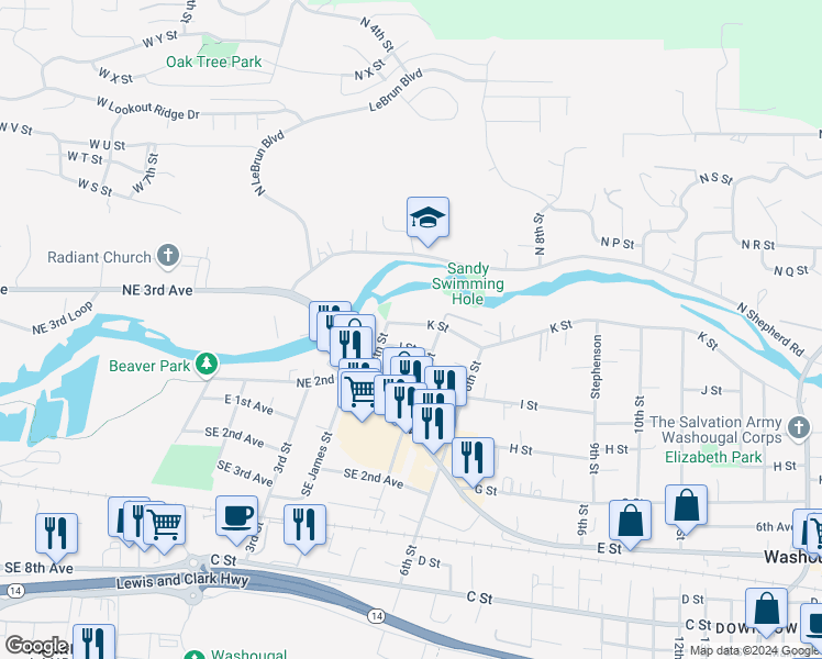 map of restaurants, bars, coffee shops, grocery stores, and more near 440 K Street in Washougal