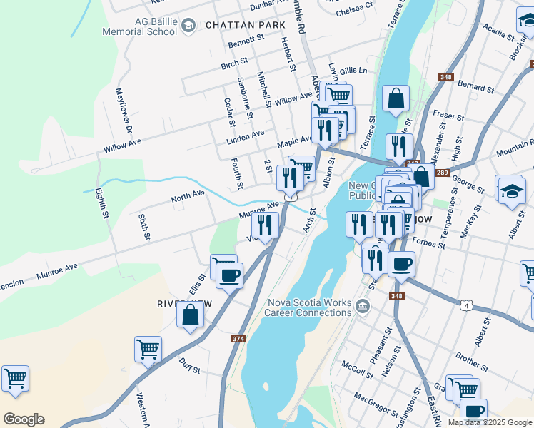 map of restaurants, bars, coffee shops, grocery stores, and more near 30 Munroe Avenue in New Glasgow
